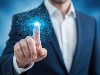 Businessman touching a futuristic digital brain interface