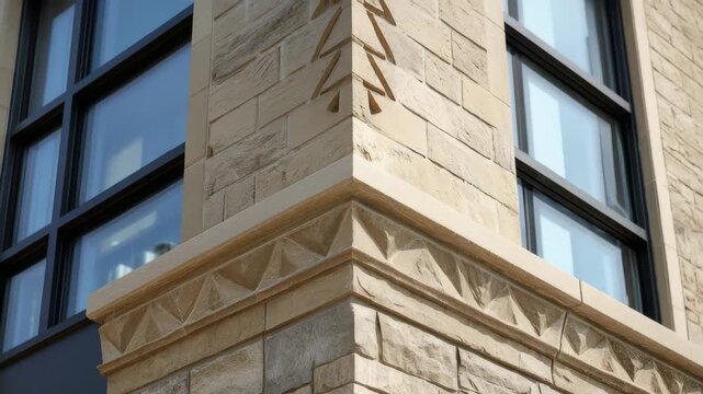 Close view of a stone column with detailed carvings at a modern building facade during sunlight
