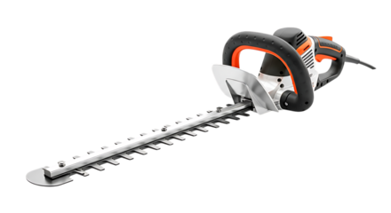 Electric hedge trimmer with orange and black handles on transparent background