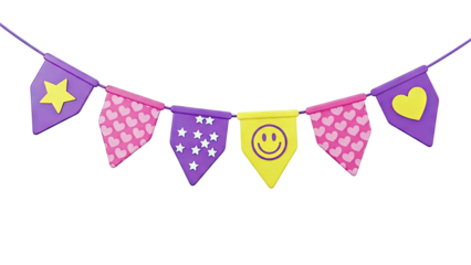 Colorful party bunting with hearts, stars, and smiley faces