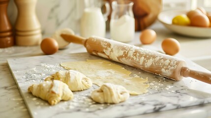 A kitchen scene with a rolling pin and croissants on a marble countertop surrounded by baking ingredients and utensils