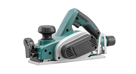 Teal and gray electric wood planer on a transparent background
