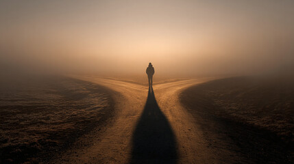 A silhouette of a person standing at a fork in the road in a misty landscape, representing choice and decision making