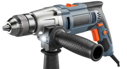 A blue and orange electric drill with a black handle on a transparent background