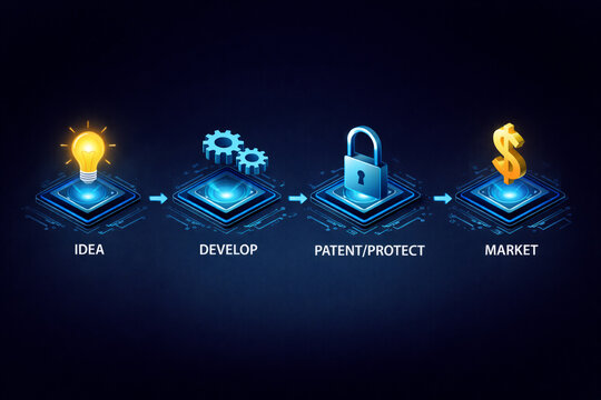 Conceptual illustration of the innovation process from idea to market with development and patent protection.
