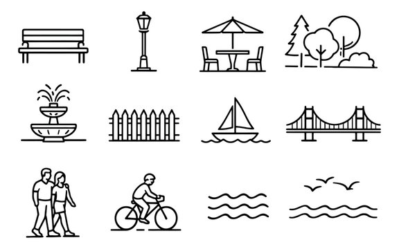 Line art outdoor and recreation icon set featuring urban infrastructure, park elements, and human activities for public spaces design