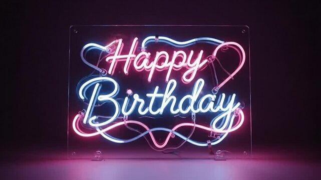 Glowing neon sign displays "Happy Birthday" in cursive pink and blue