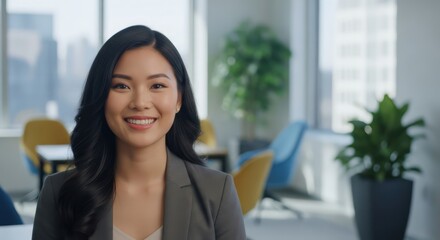 Confident asian businesswoman smiling in modern office with city view behind her representing