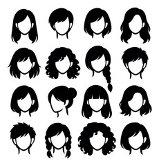 Stylized hair styles set featuring various women's haircuts for fashion and beauty design