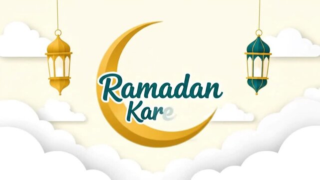 Ramadan Kareem Greeting Animation with Swinging Gold Lanterns and Floating Clouds