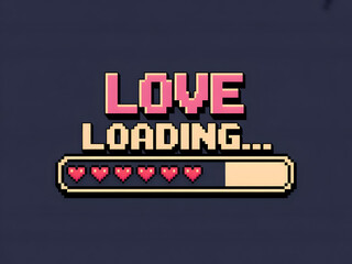 A colorful pixel art graphic with a loading bar and hearts on a dark background