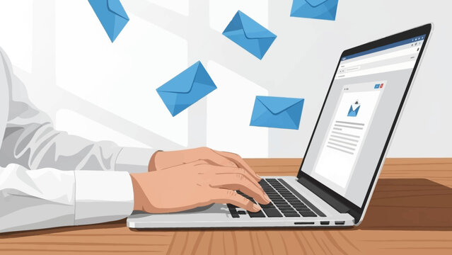Illustration of a person typing on a laptop with emails flying out in a modern workspace