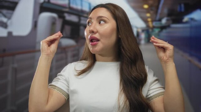 Woman gestures hands to illustrate lively speech in building corridor under warm daylight; active communication.