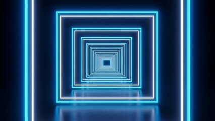 Futuristic blue neon square tunnel background with glowing lines