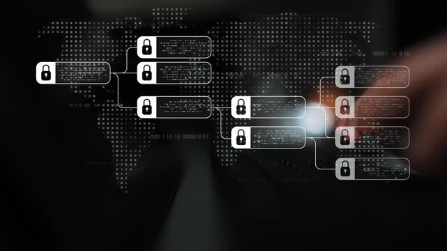 Blockchain structure showing distributed data blocks linked with encryption, representing secure transaction verification, decentralized control, and immutable record system Marrow