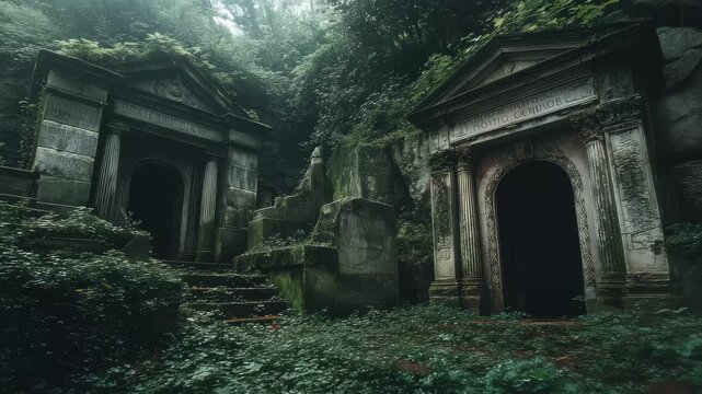 Old stone tombs in a forest with overgrown plants and trees in daytime