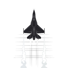 Silhouette of modern fighter jet ascending with smoke trails, top view, vector illustration
