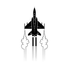 Silhouette of a modern fighter jet taking off with smoke trails, isolated on white.