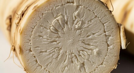 Sliced Horseradish Root Close-Up Texture Detail Freshness Culinary Ingredient Sharp Flavor Condiment Food Preparation Cooking