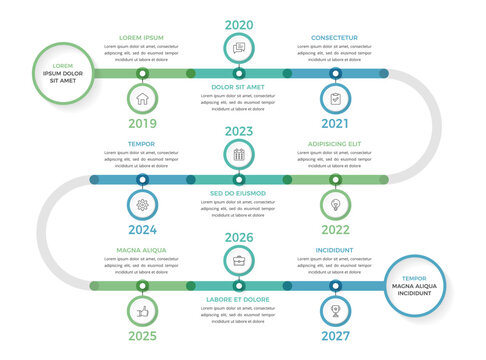 Winding timeline infographic template with 9 milestones showing progression through multiple years with icons and text sections