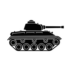Black Silhouette of a Military Tank on White Background