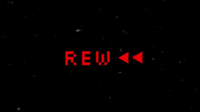Retro VHS rewind text with dynamic glitch distortion animation, 4K video