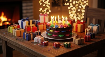 Festive birthday celebration with cake gifts and warm ambience creating a joyous atmosphere