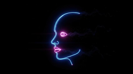 Obraz premium Vibrant neon digital human face profile illuminating the dark with technological energy and
