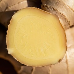 Fresh Cut Ginger Slice Detail Close Up Macro Cross Section Raw Root Vegetable Spice Flavor Ingredient Food Cooking Culinary Nutrition