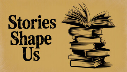 "Stories Shape Us" Text with Stacked Books Illustration on a Textured Yellow Background, Representing Knowledge and Imagination.
