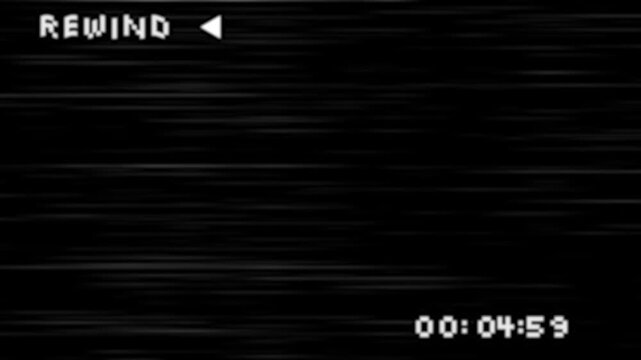 Old VHS analog TV rewind screen with timecode on black background, 4K 