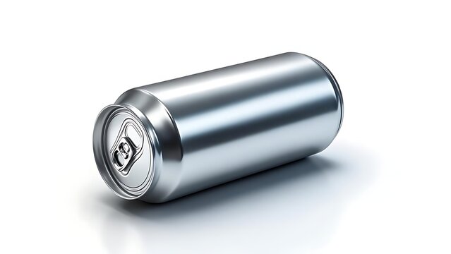 Shiny, cylindrical aluminum container, angled on a white surface, showing the pull tab and reflective surface