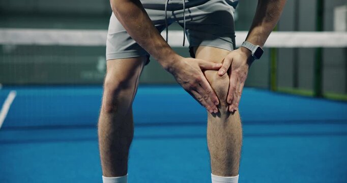 Person, legs or hands with knee pain for sport accident, mistake or muscle tension on tennis court. Active, player or massage with bone, bruise or joint inflammation for overworked strain or sprain