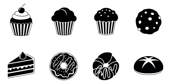 Minimalist black icon bakery and dessert set featuring cupcakes, a donut, a cake slice, a cookie, a croissant, and a bread bun for sweet food illustrations