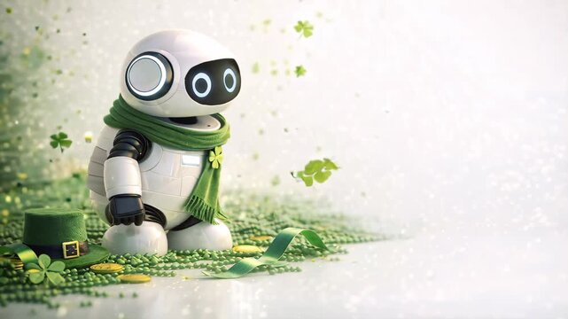 Cute robot with green clovers and shamrocks, Saint Patrick celebration theme with spring atmosphere, Irish symbolism, luck and festive fantasy mood. Copy space for text