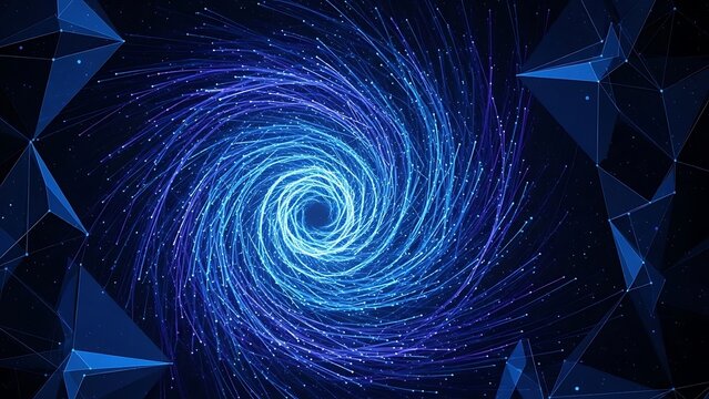 Futuristic blue spiral tunnel with geometric shapes - Powered by Adobe