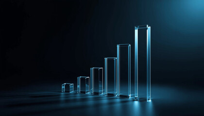 Abstract glass bar chart representing financial growth and progress against a dark blue background.