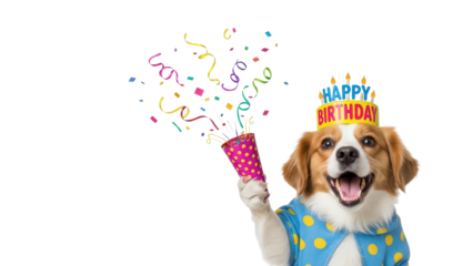 Happy Birthday Dog in Blue Polka Dot Shirt and Party Hat Holding Confetti Popper isolated PNG with Transparent Background