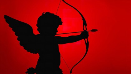 A silhouette of Cupid with a bow and arrow against a red background
