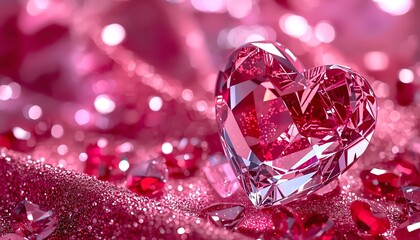 A large pink diamond heart surrounded by smaller pink diamonds and glitter on a pink background
