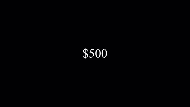 Dollar number counter animation from 0 to 500 in 4k for amount concept and financial or business use, animated dollar counting from zero to five hundred  on transparent background. 