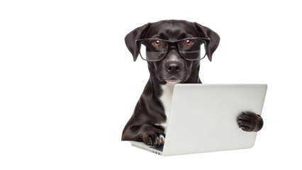 Black Dog Wearing Glasses Using Laptop Computer isolated PNG with Transparent Background