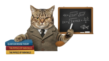 Tabby Cat Teacher in Suit with Chalkboard and Books isolated PNG with Transparent Background