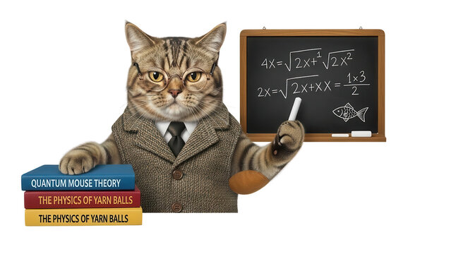 Tabby Cat Teacher in Suit with Chalkboard and Books isolated PNG with Transparent Background