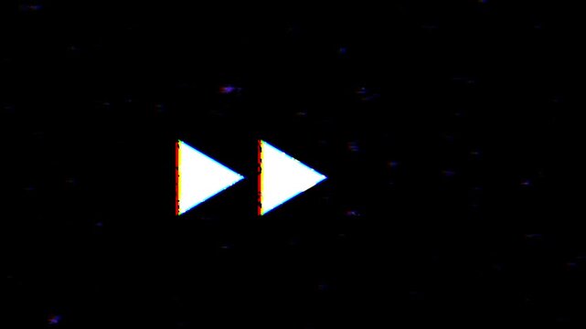 Retro rewind icon animation on glitchy VHS static background, 4K
