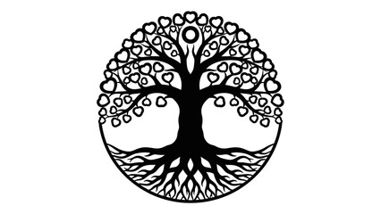 Black and white illustration of a tree with circular leaves and roots in a round frame.