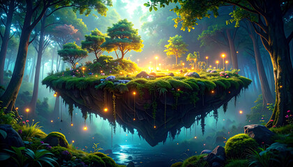 Mystical Floating Island with Lush Greenery and Glowing Orbs in an Enchanted Forest