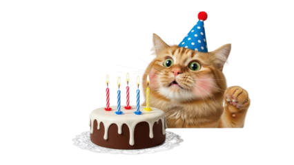 Cute Orange Cat Wearing Blue Party Hat with Chocolate Birthday Cake and Lit Candles isolated PNG with Transparent Background