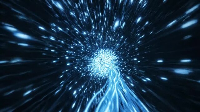 Abstract blue light streaks and particles exploding outwards in a vibrant, energetic, and futuristic tunnel of light, symbolizing speed and motion