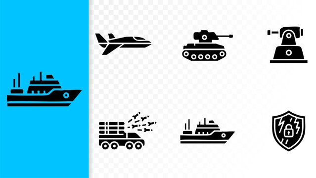 Set of 6 Minimal Autonomous Warfare Icons Isolated White Background UCAV UGV Turret
